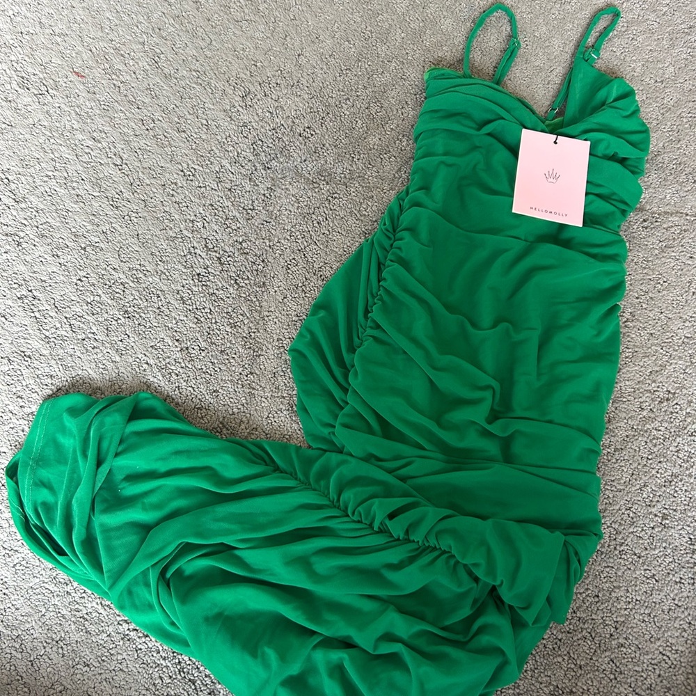 Hello Molly Emerald Green Ruched Midi Dress